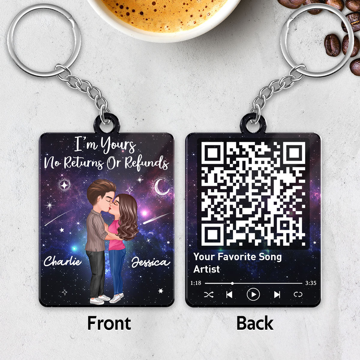 Couple Kissing In Galaxy Night Favorite Song Scannable QR Code - Personalized Acrylic Keychain - Anniversary Gift For Him, Gift For Her