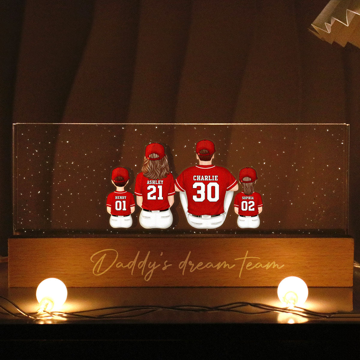 Mommy's Team Baseball Family Sitting Personalized Acrylic Block LED Night Light, Gift For Mom, Grandma, Wife