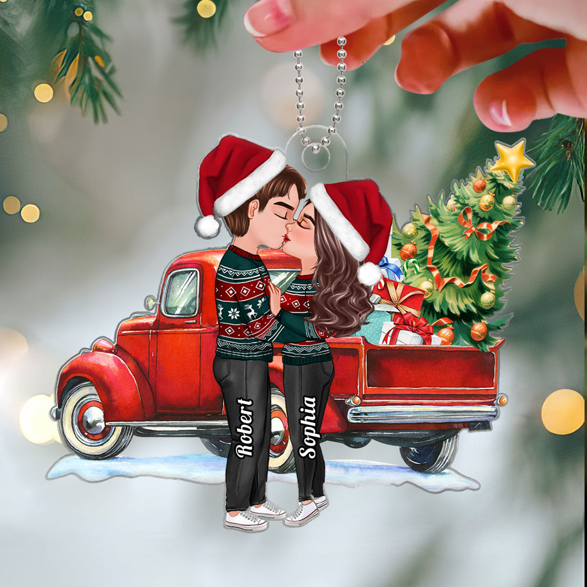 Christmas Truck Doll Couple Kissing Personalized Acrylic Ornament