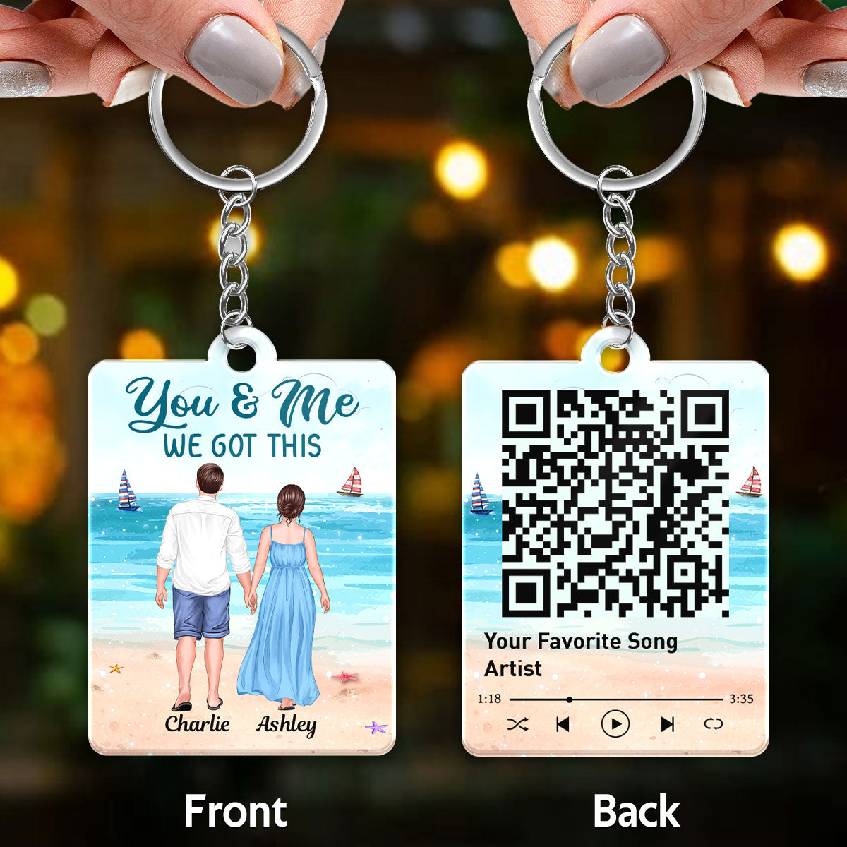 Summer Couple Standing Back View Favorite Song Scannable QR Code Personalized Acrylic Keychain