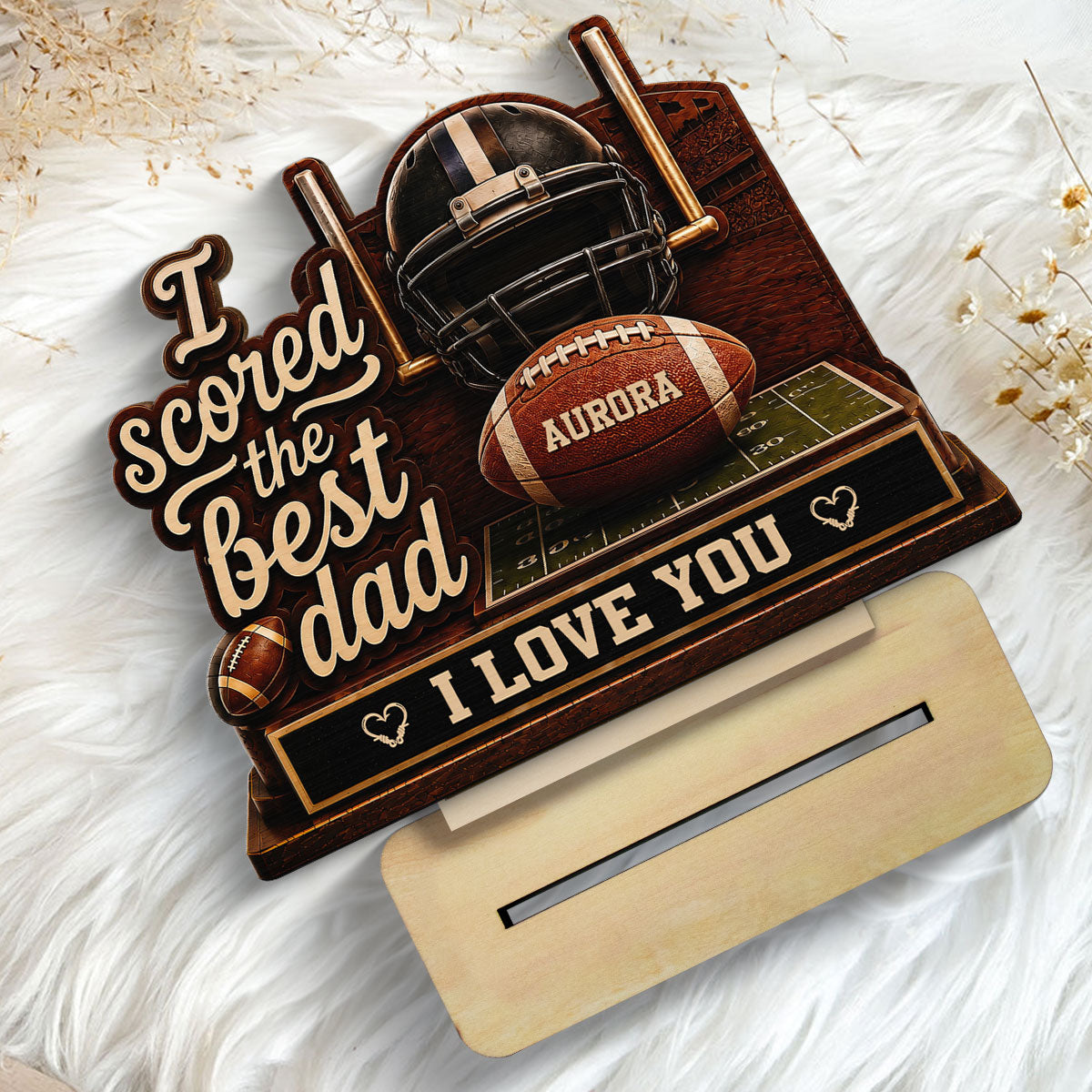 We Scored The Best American Football Dad Custom Name 2D Flat - Personalized 2-Layered Wooden Plaque - Father's Day Gift For Football Dad