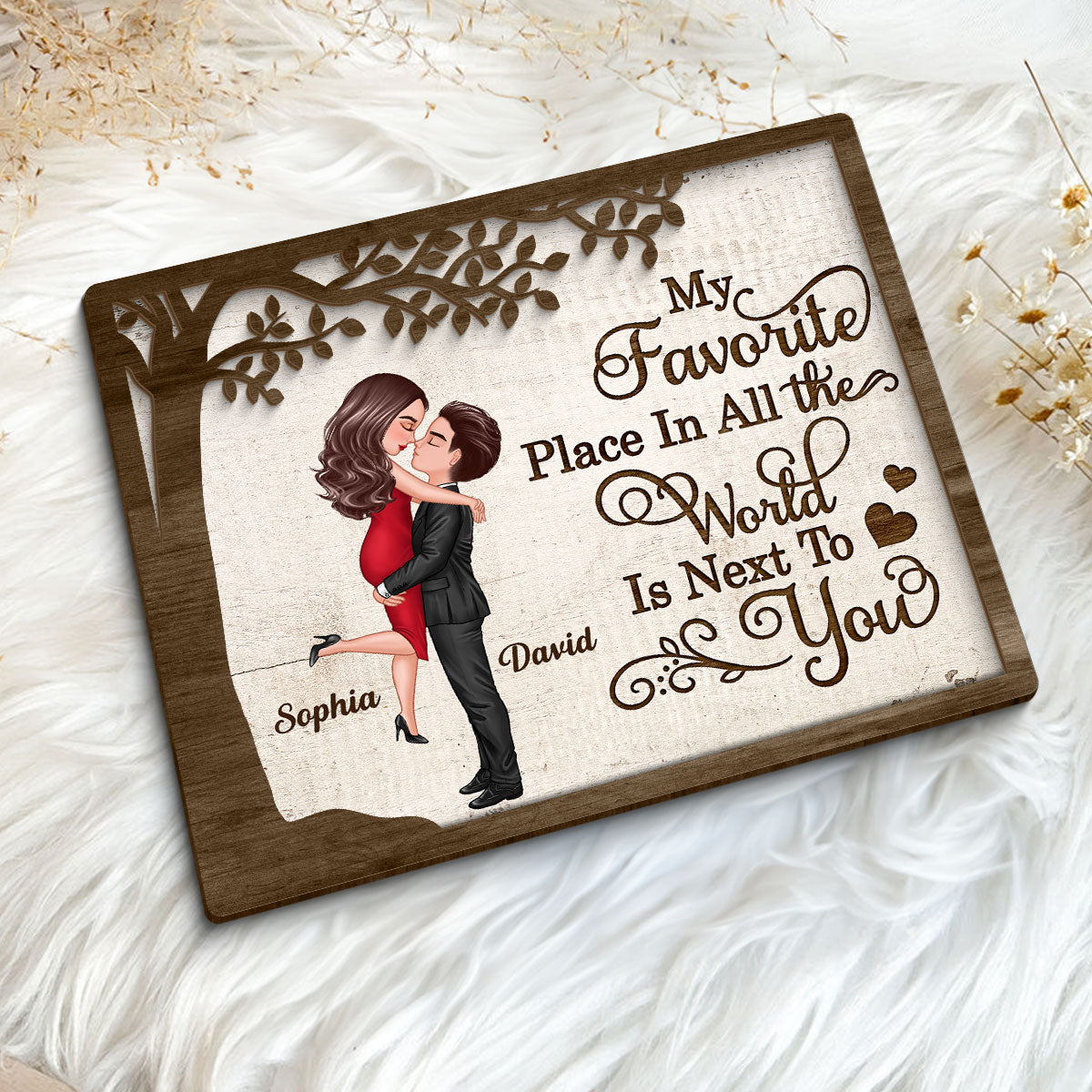 My Favorite Place In All The World Hugging Couple Personalized 2-Layer Wooden Plaque, Gift For Him, For Her