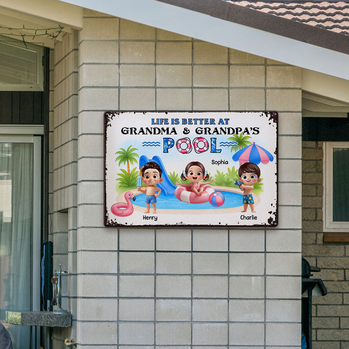 Welcome to Grandma & Grandpa's Pool, Memories are Made Here Personalized Metal Sign, Grandkids Welcome Sign