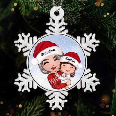 Doll Grandma Hugging Grandkid Personalized Snowflake Shaped Acrylic Ornament