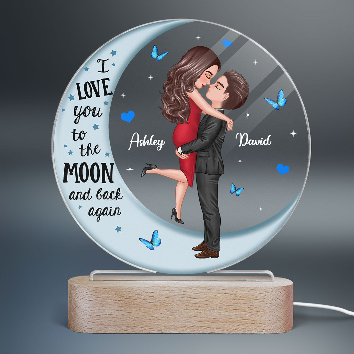 Hugging Couple Blue Moon Personalized Circle LED Night Light Acrylic LED Lamp