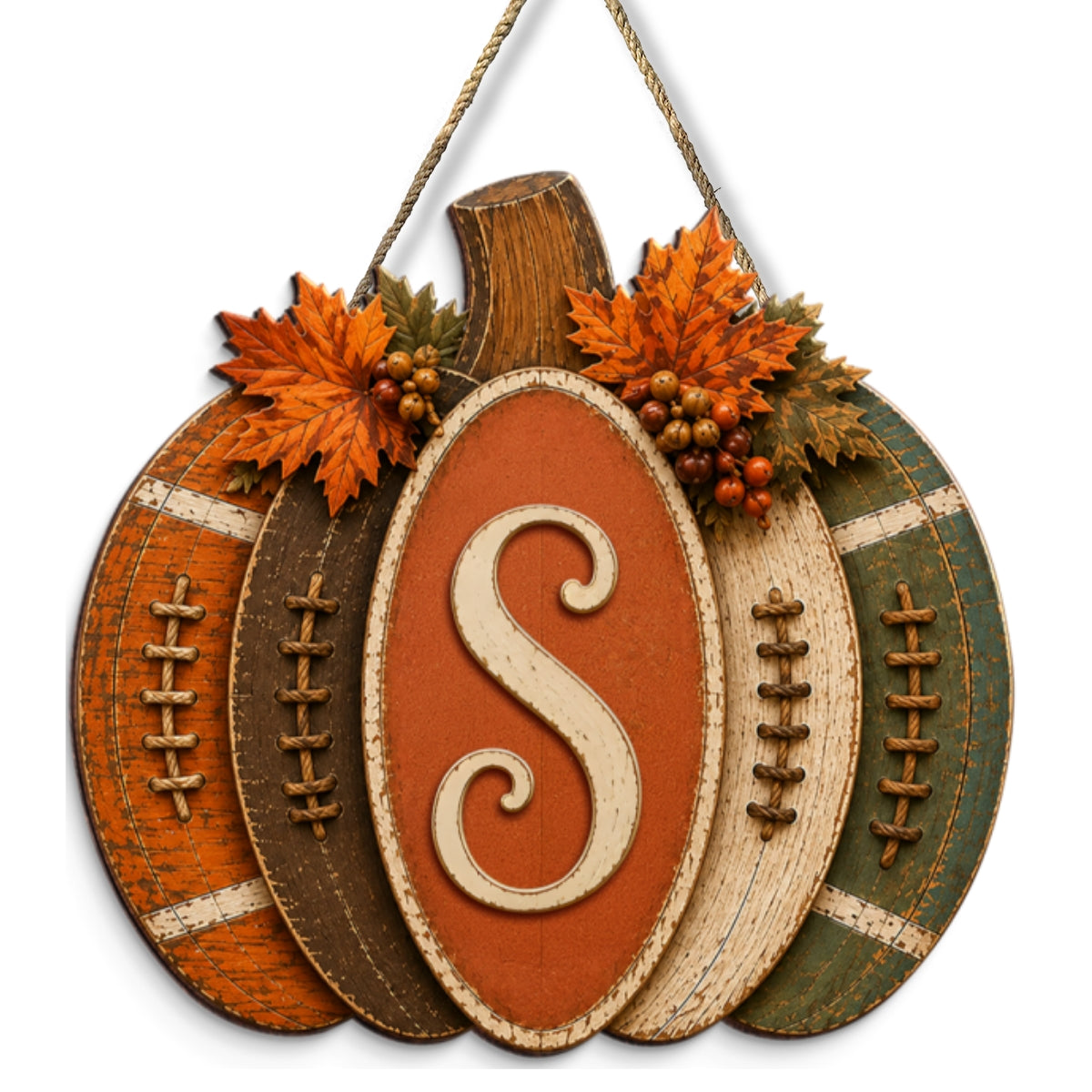 Pumpkin Football Family Initial - Personalized Door Hanger Sign - Rustic Front Porch Fall Decor