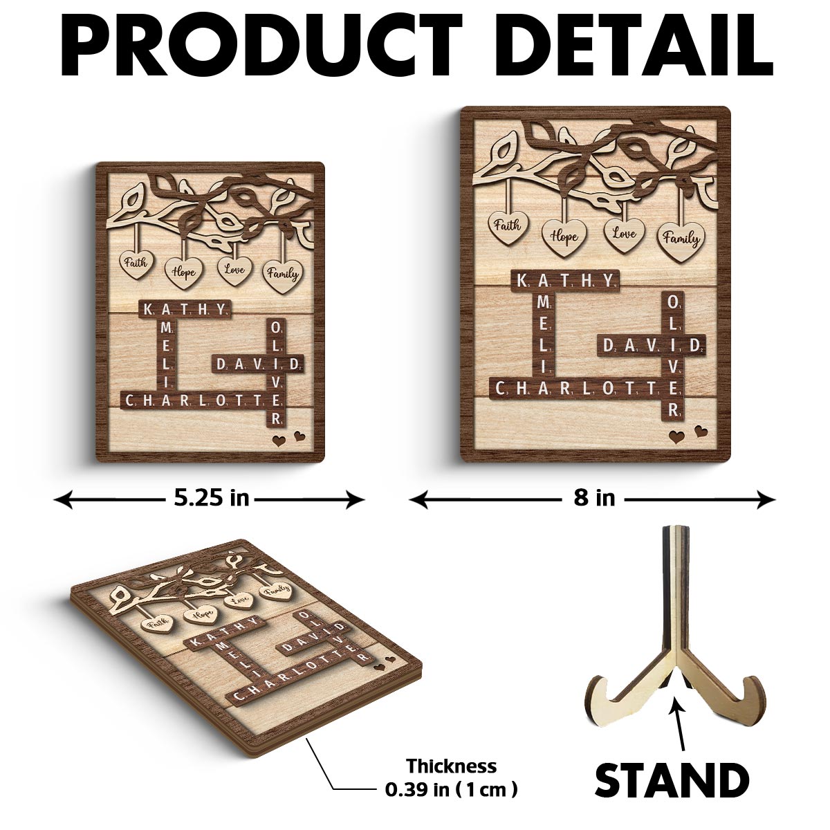 Personalized Wooden Family Tree Sign, Crossword Art Puzzle 2-Layered Wooden Plaque