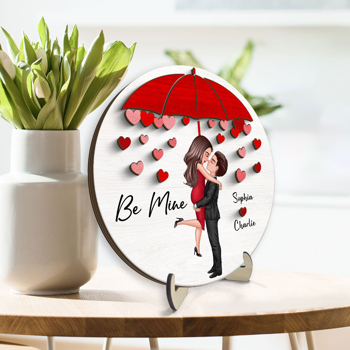Be Mine Couple Kissing Under Umbrella Personalized 2-layer Wooden Plaque