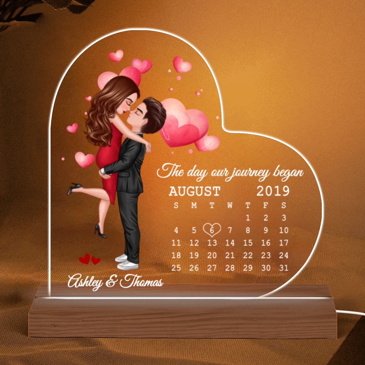 Doll Couple Hugging Kissing Calendar Anniversary Date Personalized Heart Shaped Acrylic Plaque With LED Night Light - Anniversary Gift For Couple - Gift For Him, Gift For Her