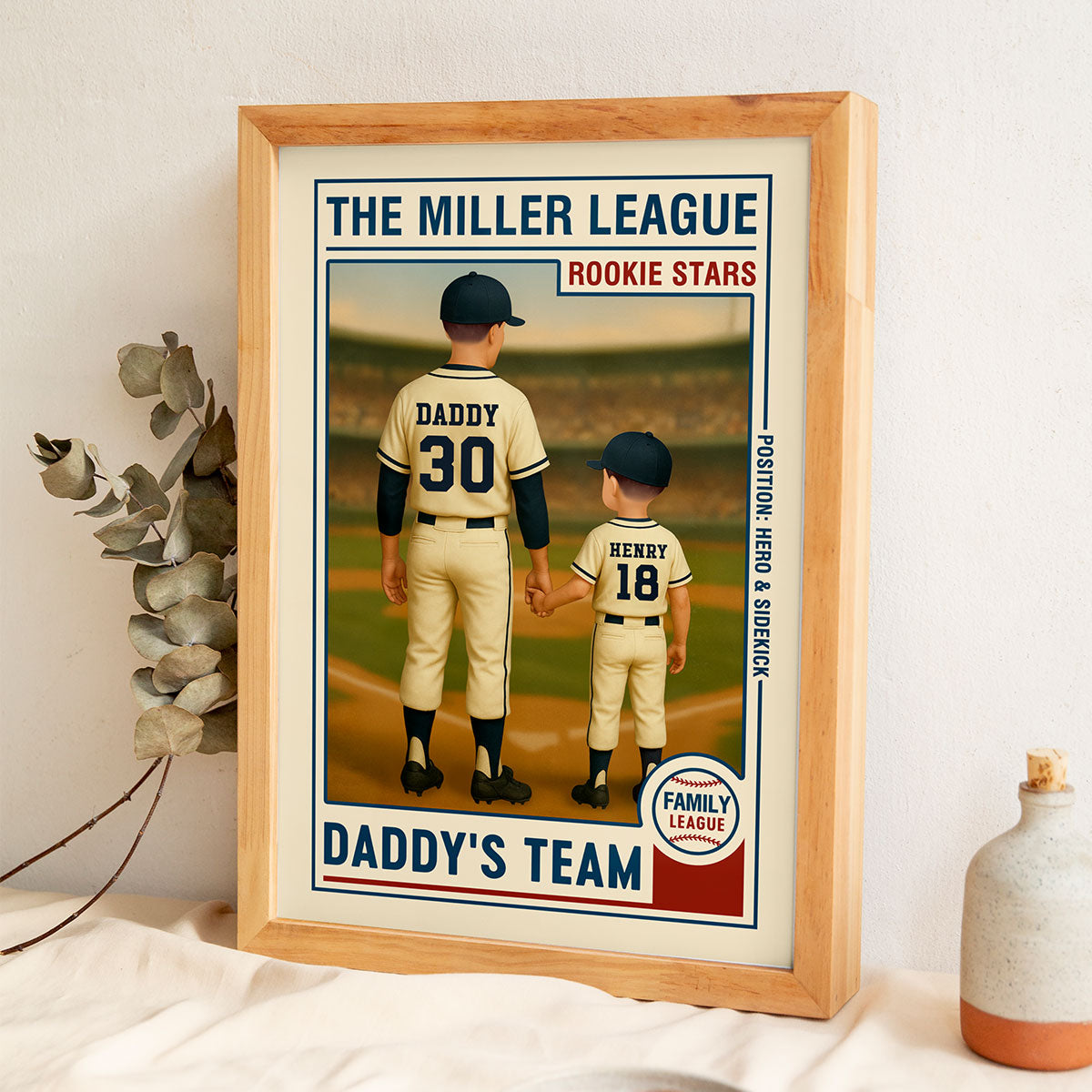 Family League Daddy's Team No. 1 Dad Man & Kids Baseball Retro Personalized Poster, Father's Day Gift for Dad, Gift for Husband