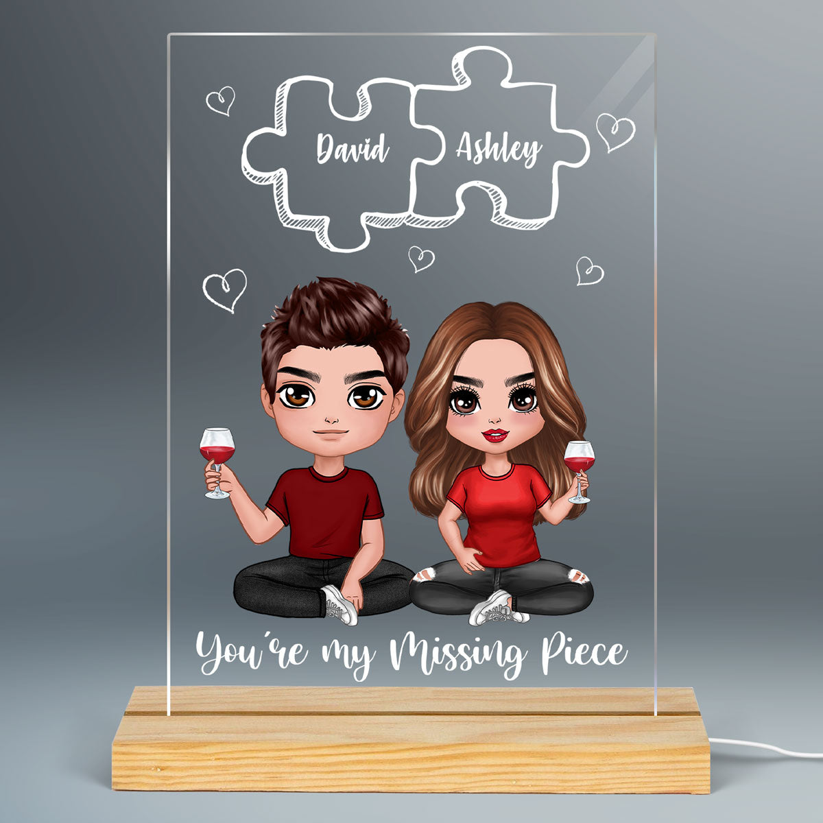 Doll Couple Sitting Missing Piece Personalized Rectangle Acrylic Plaque With LED Night Light - Valentine‘s Day Gift - Anniversary Gift For Him - Gift For Her