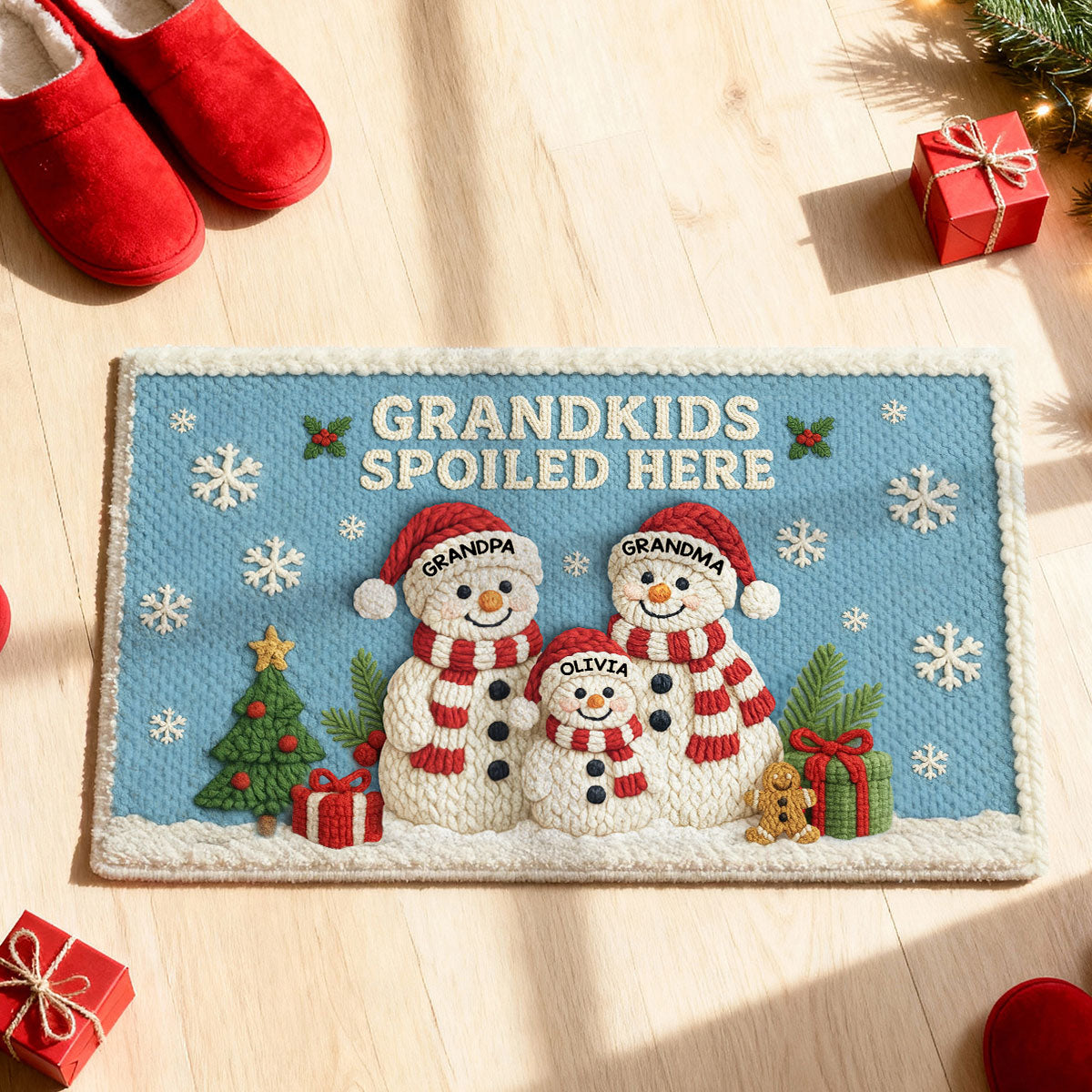 Grandma Grandpa Grandkids Snowman Crochet Faux Yarn Texture - Personalized Doormat - Christmas Decoration