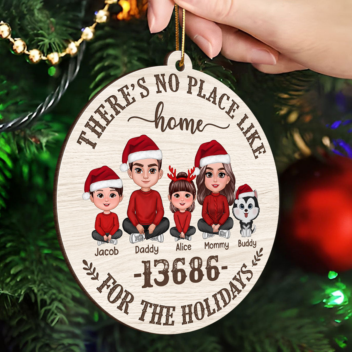 No Place Like Home Zip Code Doll Family Personalized Wooden Ornament, Christmas gift for Family