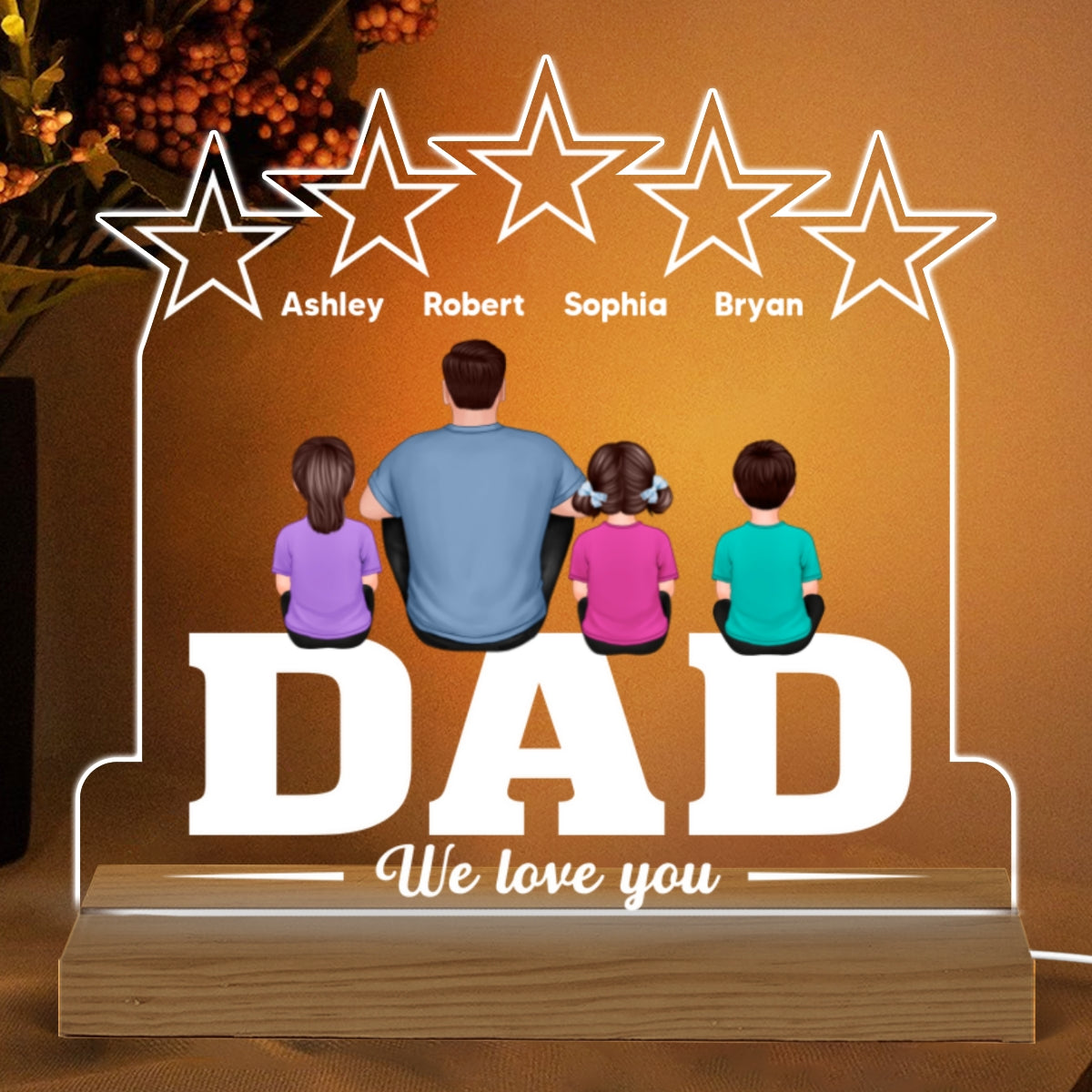 Back View Man & Kids Sitting On Word Five Star Personalized Custom Shaped Acrylic Plaque With Warm LED Night Light