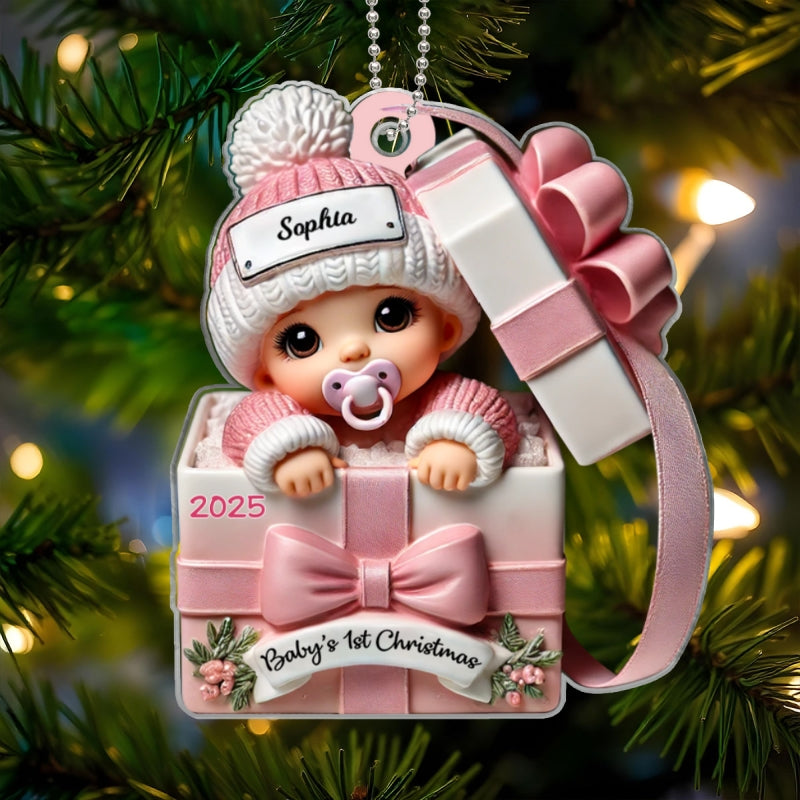 Baby Inside Gift Box 3D Effect - Personalized Acrylic Ornament - Lovely Keepsake to Celebrate Little Miracle, Christmas in July