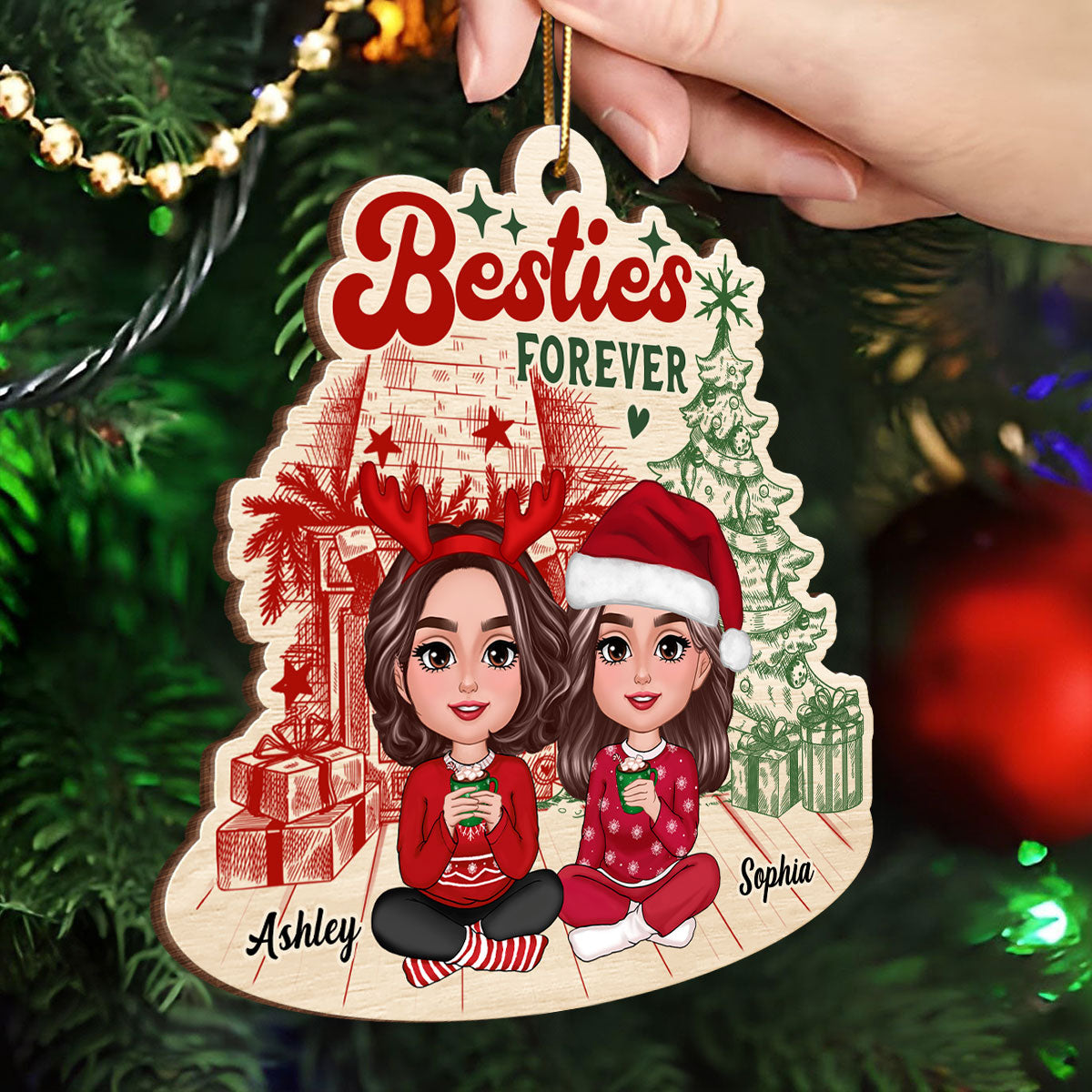 Besties Sisters Sitting Retro Fireplace Christmas Tree Personalized Wooden Ornament