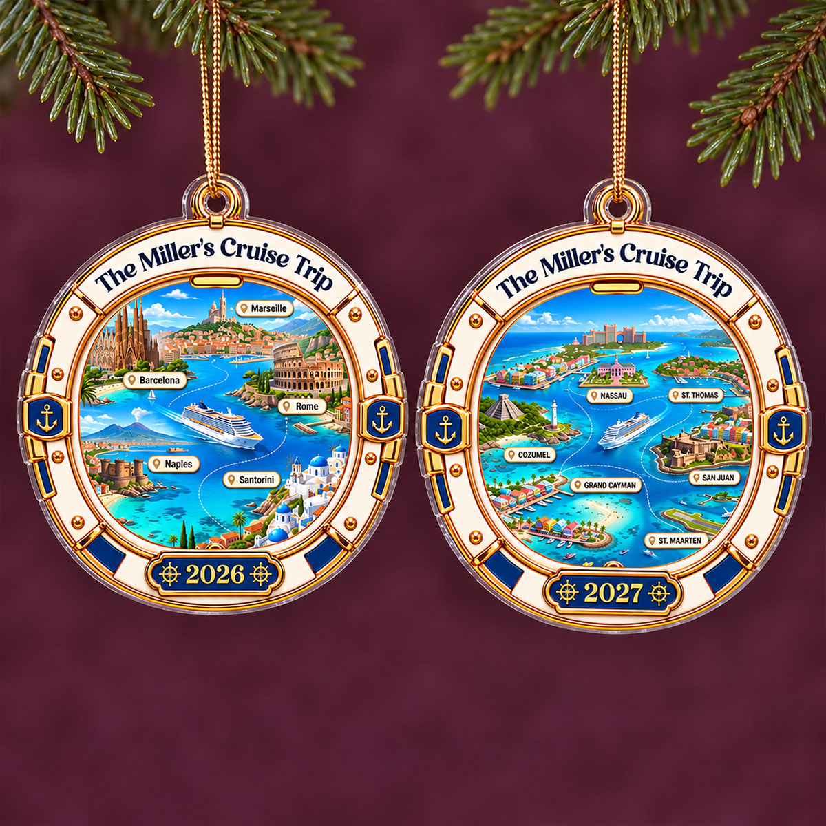 Cruise Destinations Porthole 2D Flat Printed - Personalized Acrylic Ornament - Cruise Trip Keepsake, Christmas Tree Decor For Family, Couples