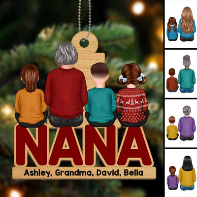 Grandma & Grandkids Back View Sitting 2026 Personalized Wooden Ornament