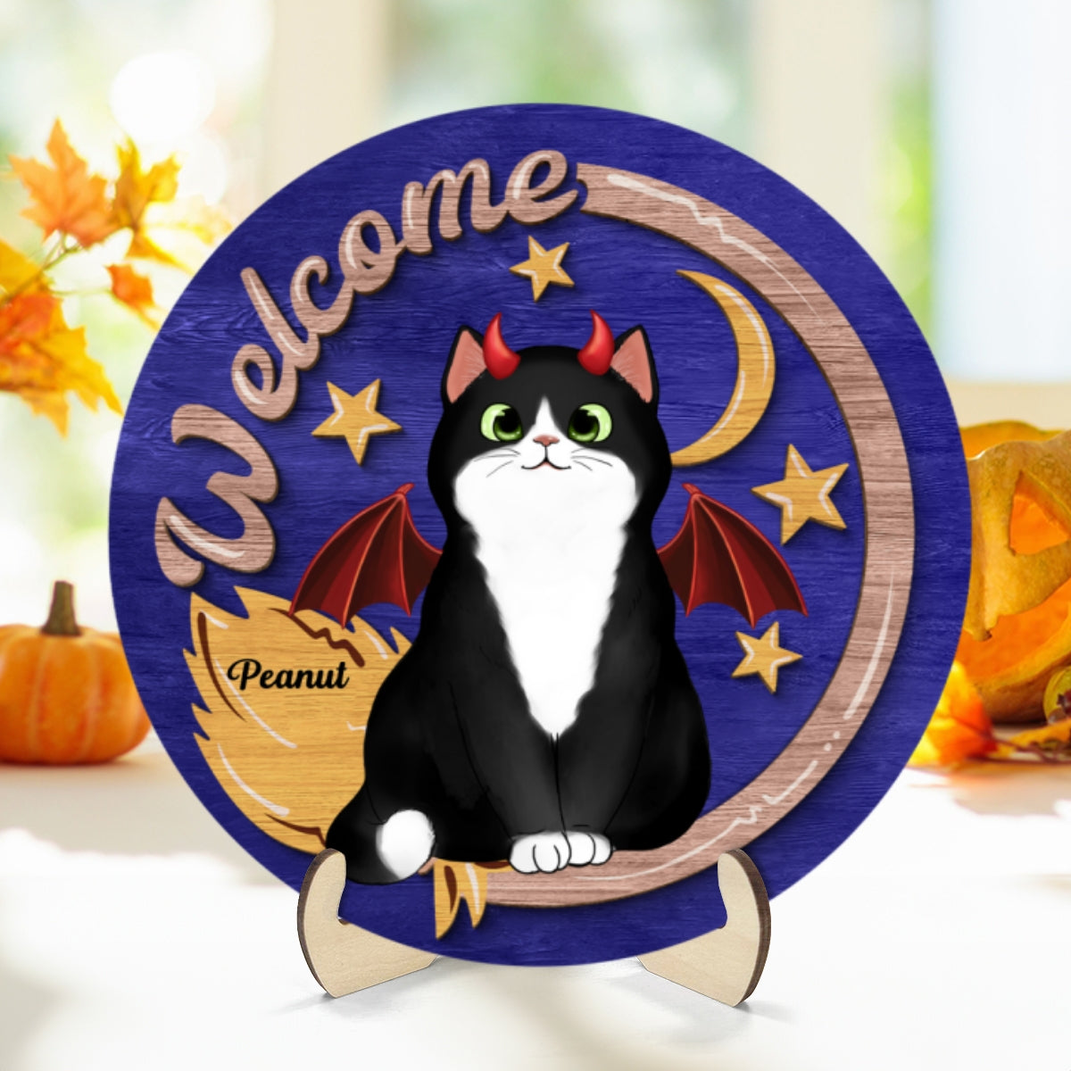 Welcome Halloween Cat Personalized 2-Layer Wooden Plaque, Gift For Cat Lovers