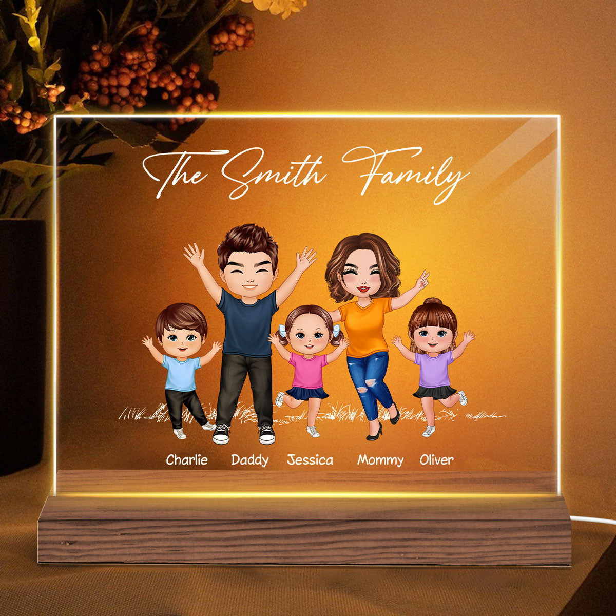 Happy Doll Family Couple Kid Dog Cat Personalized Custom Shaped Acrylic Plaque With LED Night Light