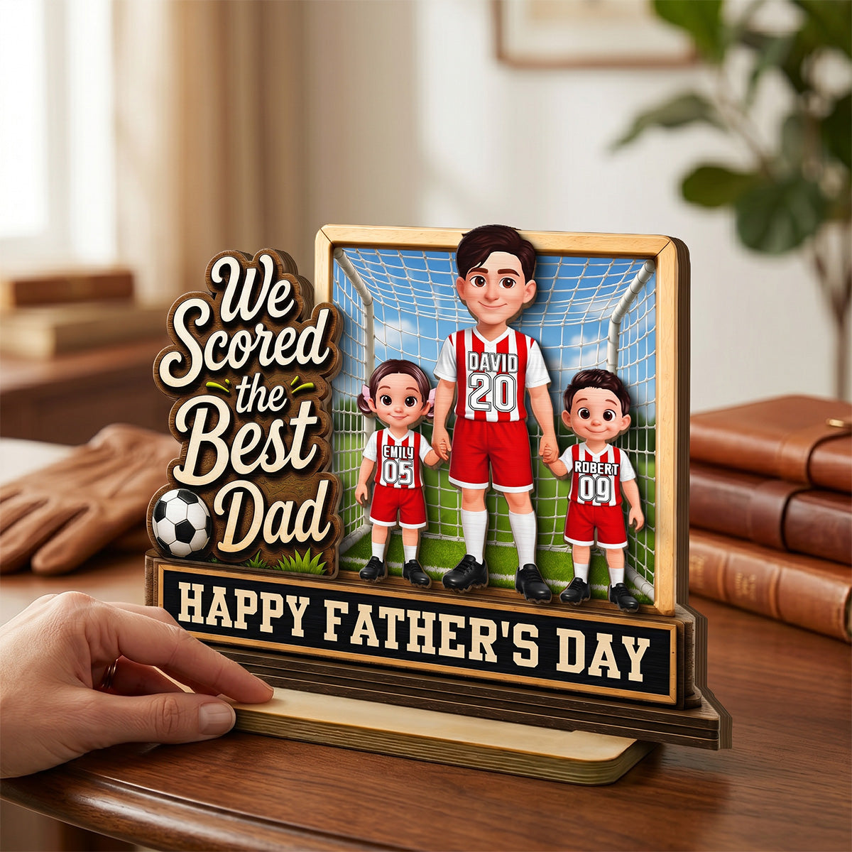 We Scored The Best Dad Dad & Kids In Goal 2D Flat - Personalized 2-Layered Wooden Plaque - Father's Day Gift For Soccer Dad, UK Football Dad
