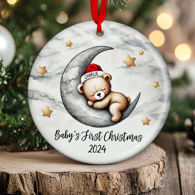 Baby Bear On The Moon, Baby's First Christmas Personalized Ceramic Ornament, Christmas Keepsake for Baby Boy, Baby Girl