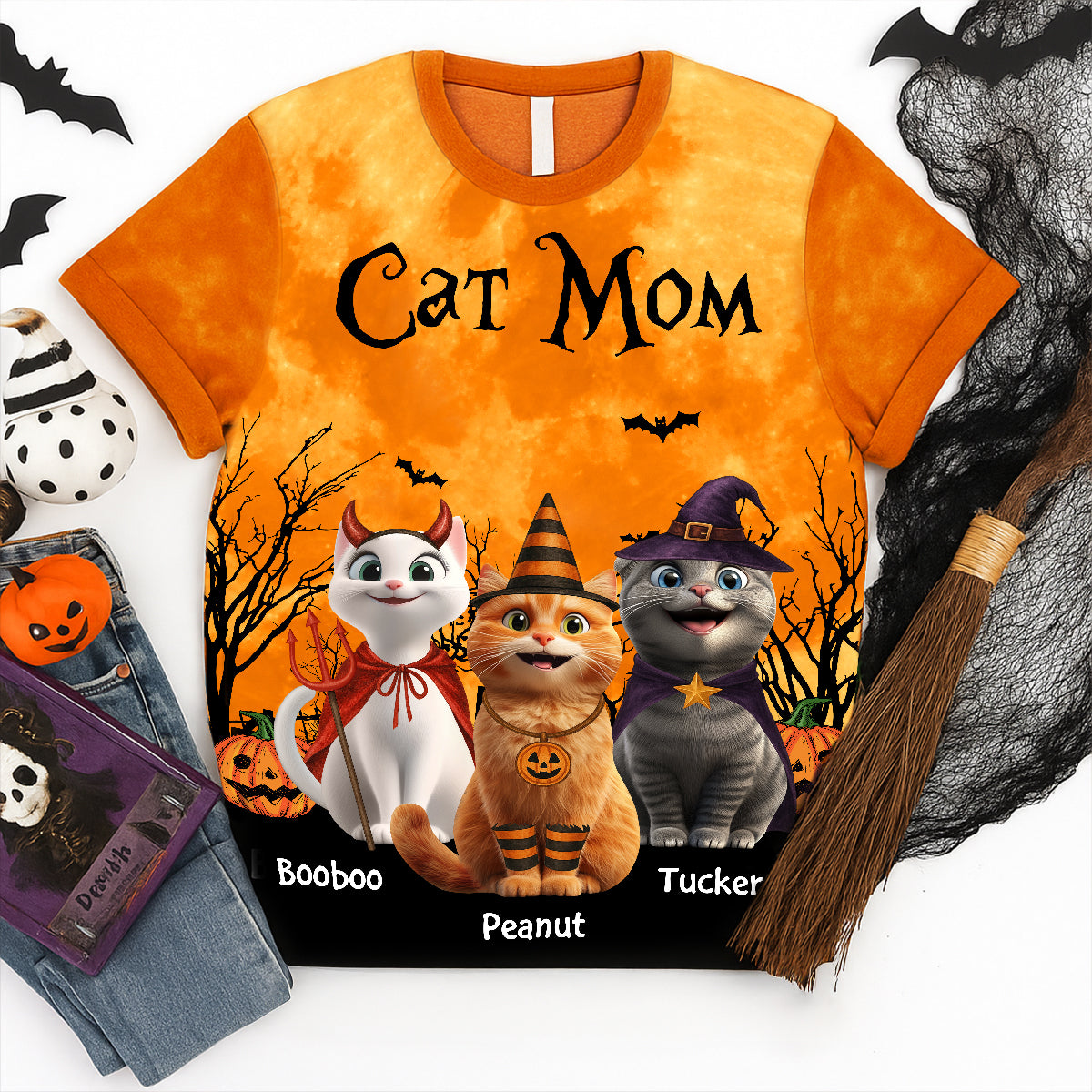 Cat Mom Halloween Moon Light Bat Tree Cartoon Cat Personalized Shirt, Purrfect Costume for Cat Lover