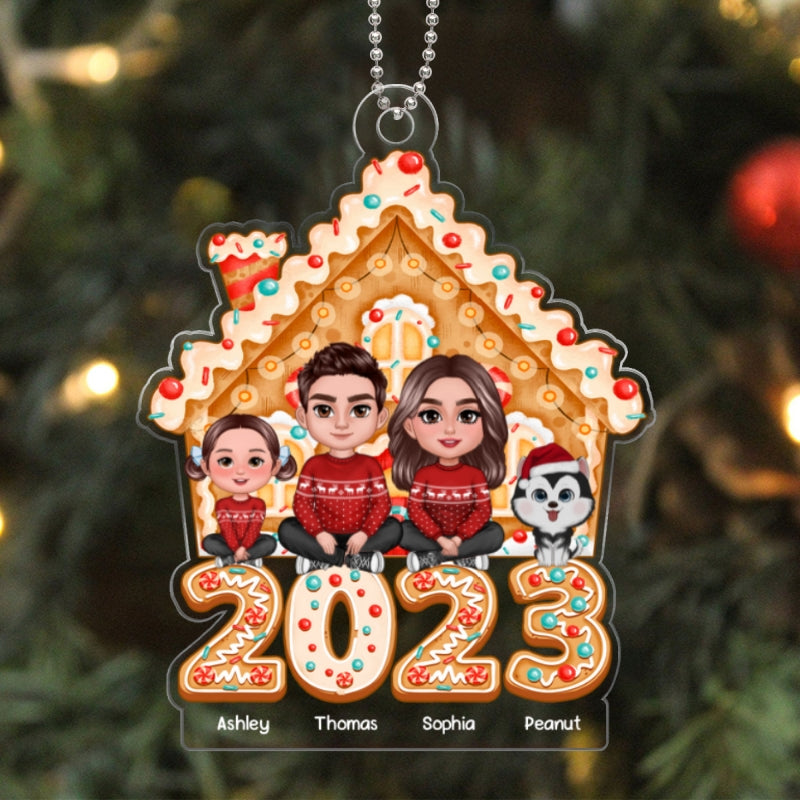 Family Sitting Crossed Legs Gingerbread House 2023 Personalized Acrylic Ornament