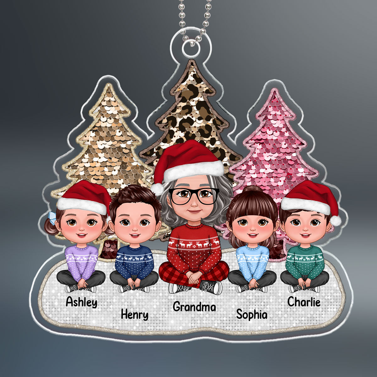 Pink Leopard Faux Sequin Effect Christmas Trees Grandma & Grandkids Crossed Legs Sitting Personalized Acrylic Ornament