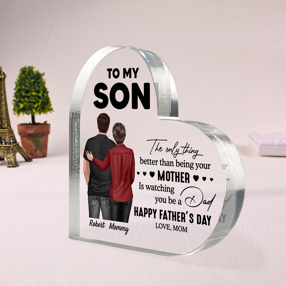 From Mom To Son Happy Father's Day Personalized Heart Acrylic Block Plaque, Heartfelt Father's Day Gift For Son