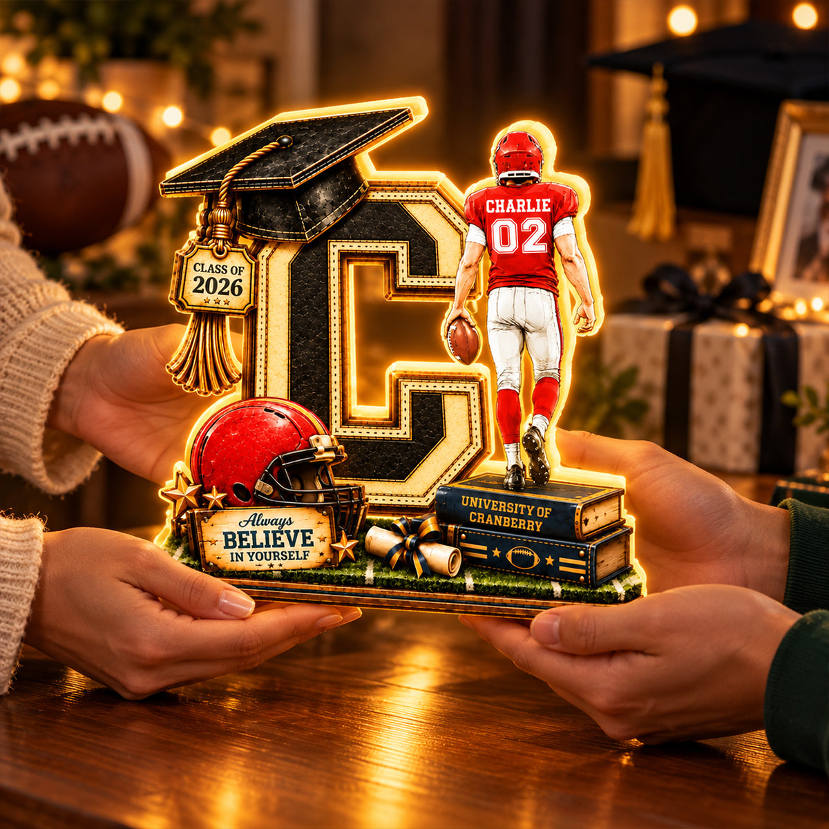 Football Graduation Custom Initial - Personalized Light Box - Class of 2026 Senior Gift, Christmas Gift for Son, Grandson, for Him