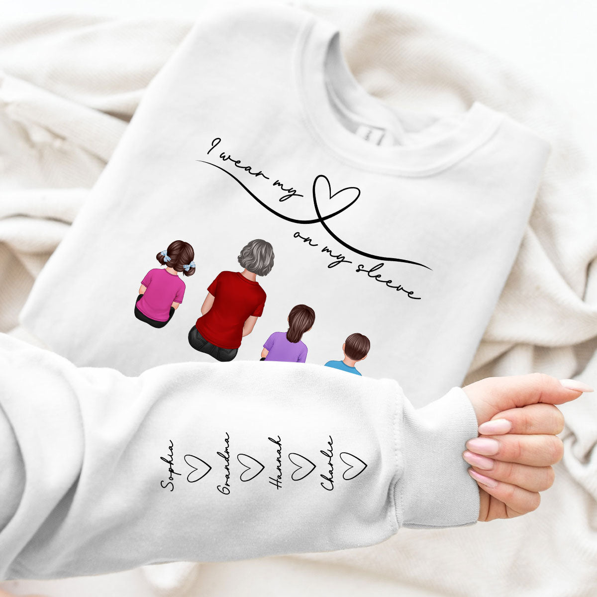 Grandma Mom Wear Her Heart On Her Sleeve, Beautiful Heart Design, Personalized Sleeve Printed Sweatshirt