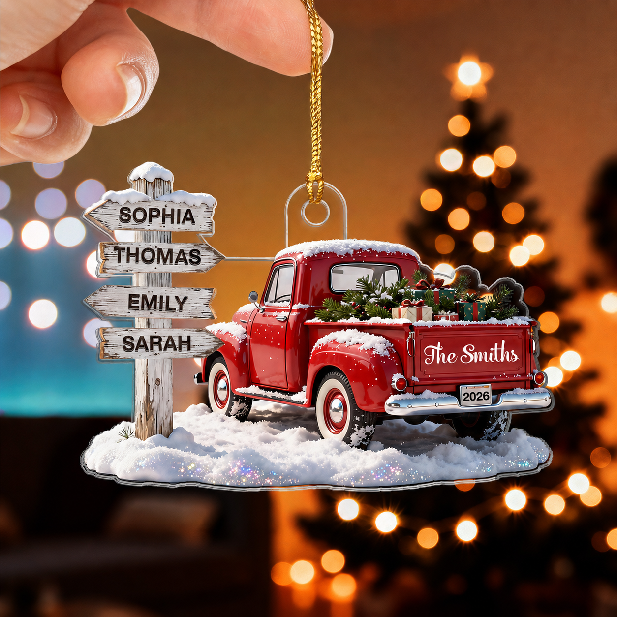 3D Effect Nostalgia Christmas Truck Family Sign Posts Custom Names - Personalized Acrylic Ornament - Gift For Family, Farmhouse Decor