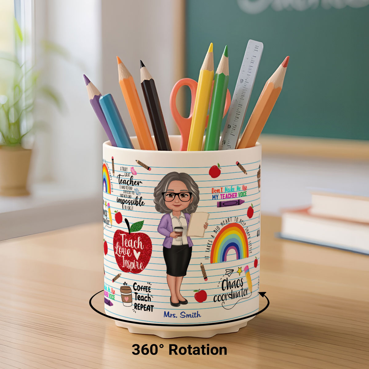 Teach Love Inspire Personalized Rotating Pen Holder, Back to School Gift for Teachers