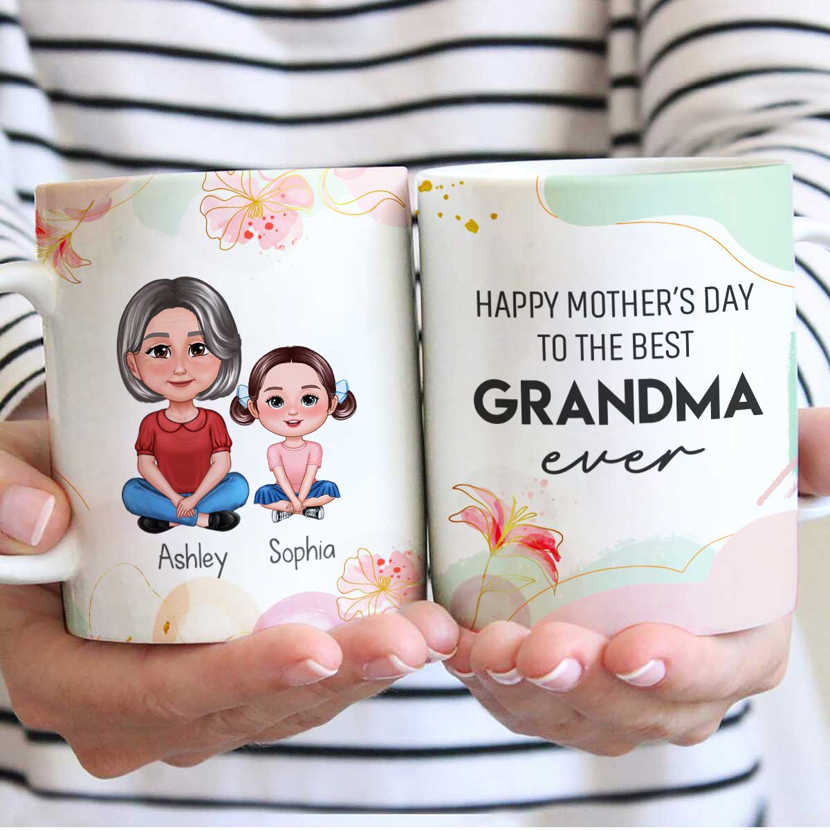 Happy Mother‘s Day Best Grandma Ever Pretty Woman & Kids Watercolor Abstract Personalized Mug