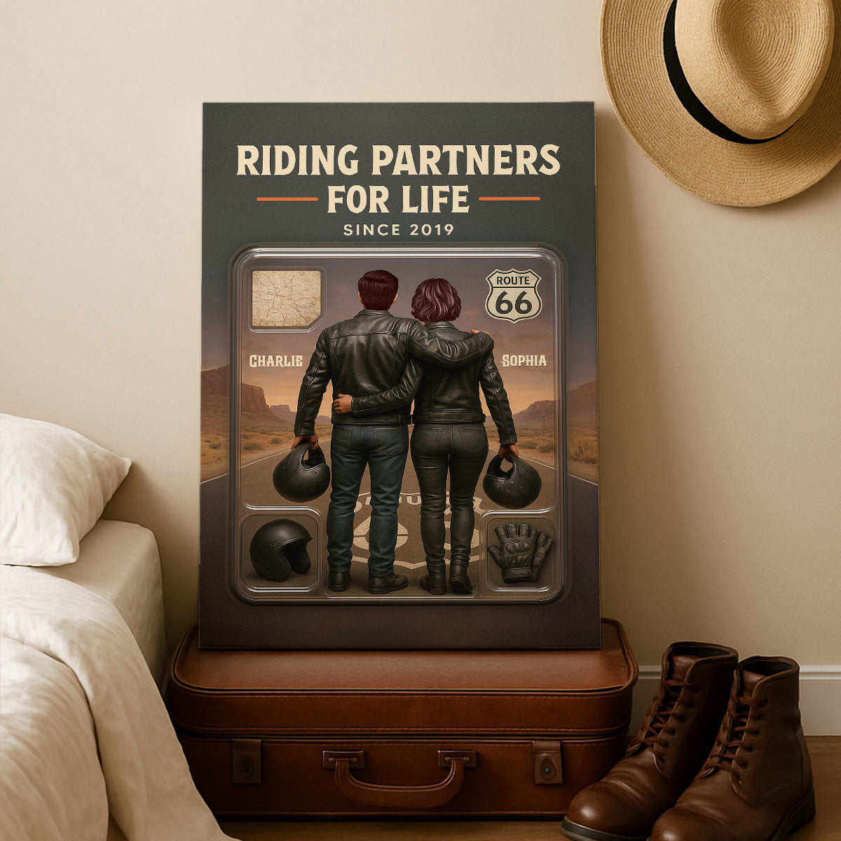 3D Effect Custom Figure Couple Bikers Riding Partners For Life Personalized Wrapped Canvas
