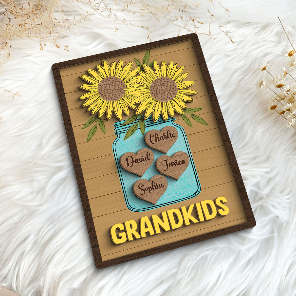 Grandkids Sunflowers Vase Hearts With Kids Names Personalized 2-layer Wooden Plaque
