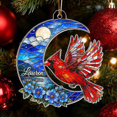 Cardinal Beneath the Blue Moon - Personalized Acrylic Ornament - Memorial Sympathy Gift