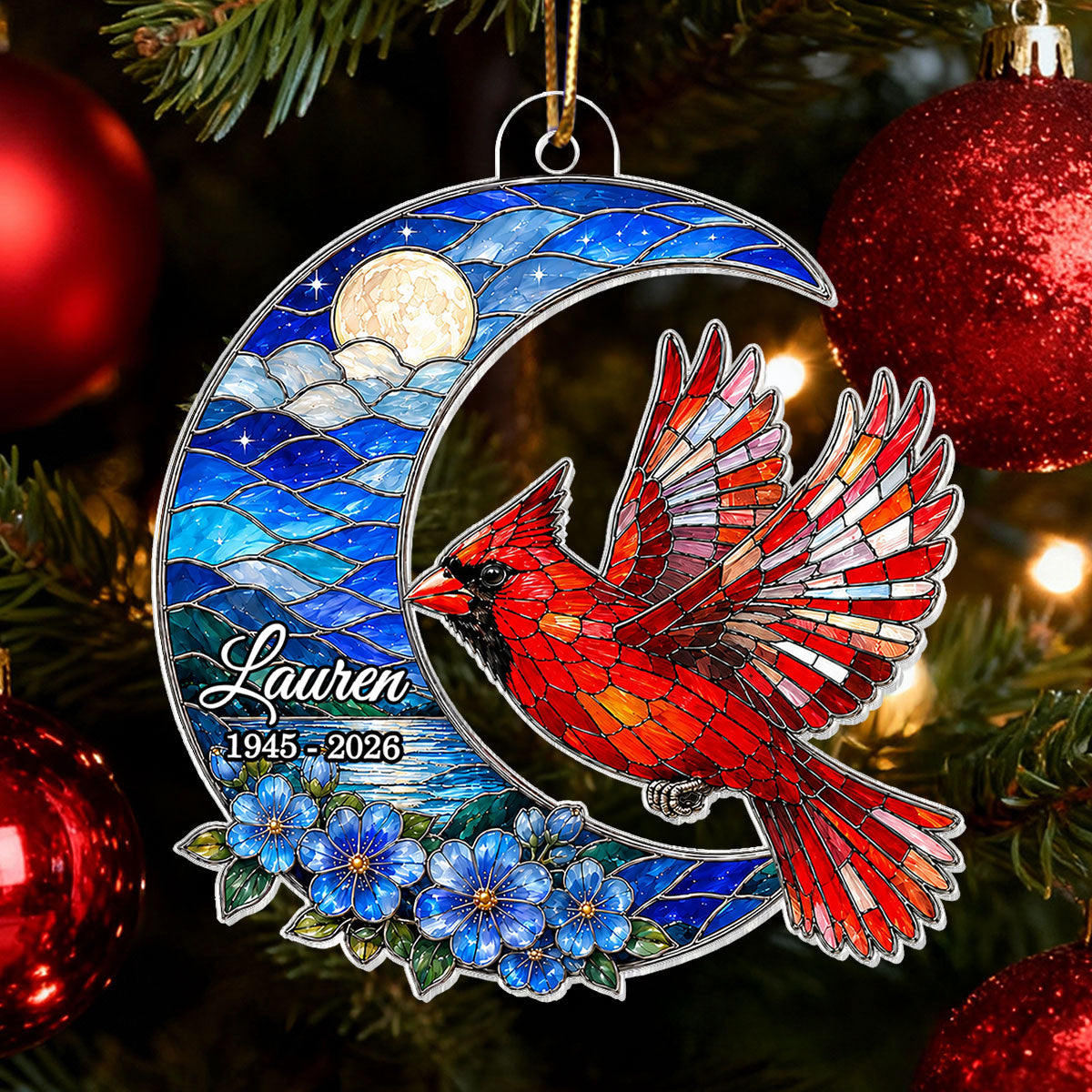 Cardinal Beneath the Blue Moon - Personalized Acrylic Ornament - Memorial Sympathy Gift