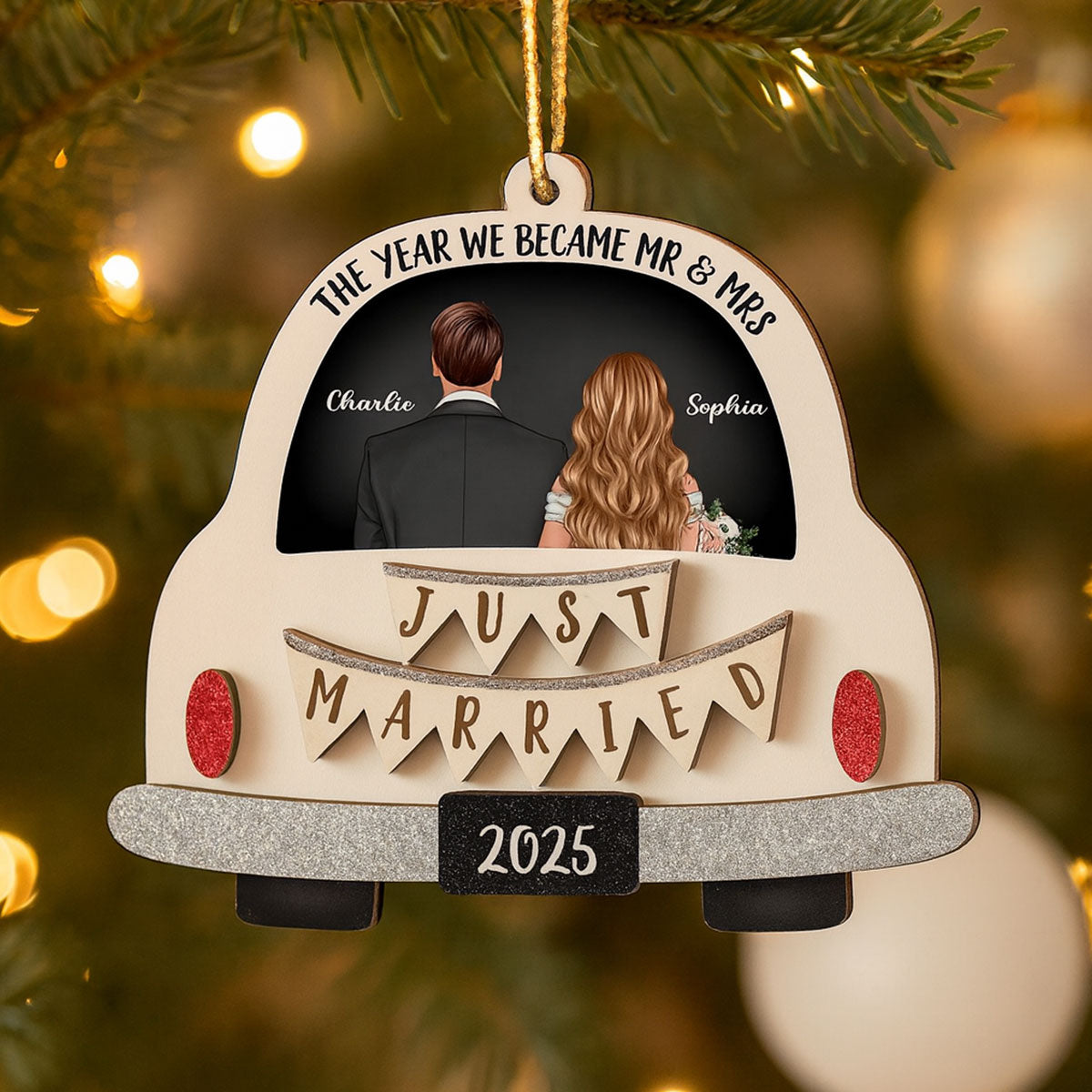 Groom & Bride In Car Personalized 2-Layer Wooden Ornament | Just Married Newlyweds Marriage Keepsake