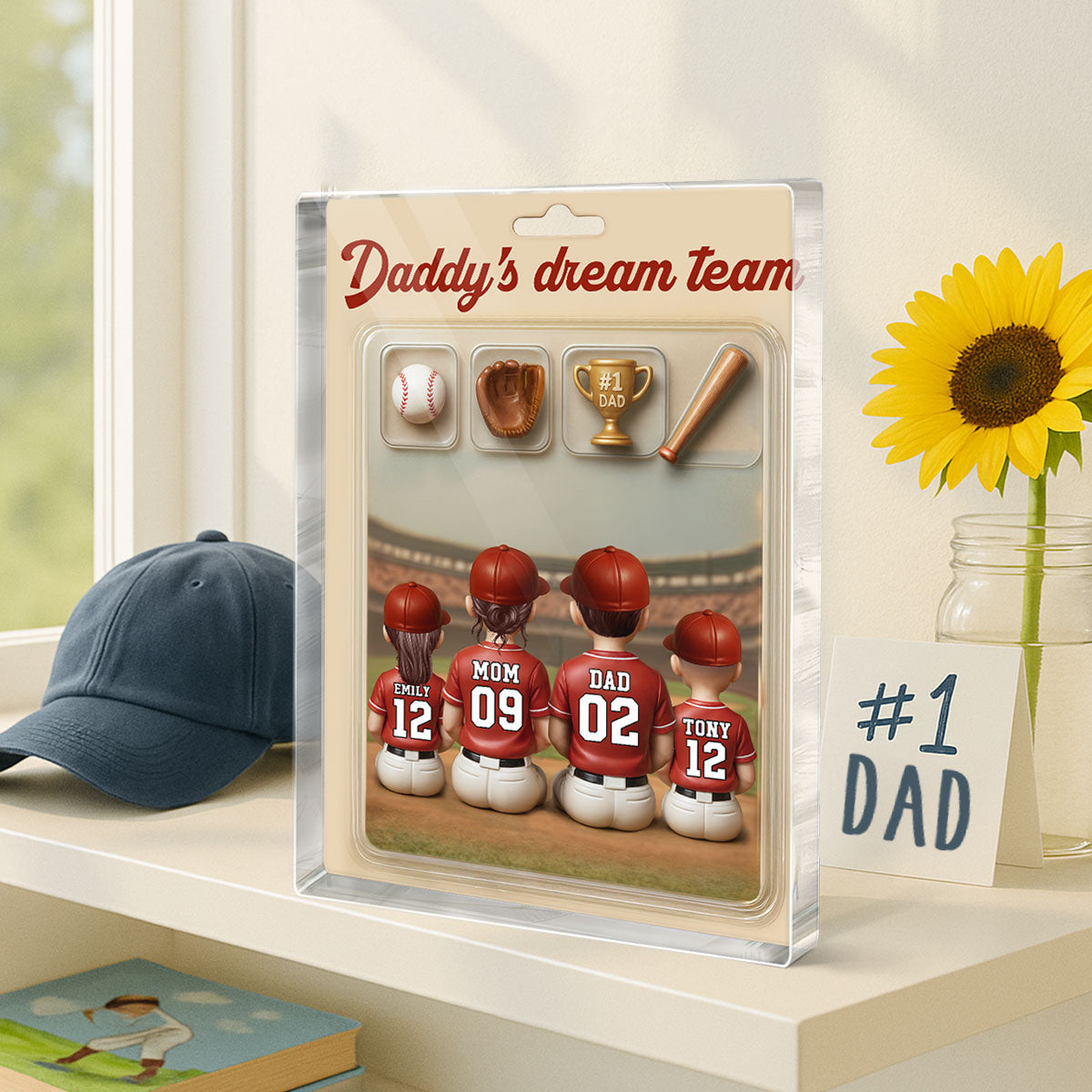 3D Effect Custom Figure Baseball Family Daddy's Dream Team Personalized Rectangle Acrylic Block Plaque