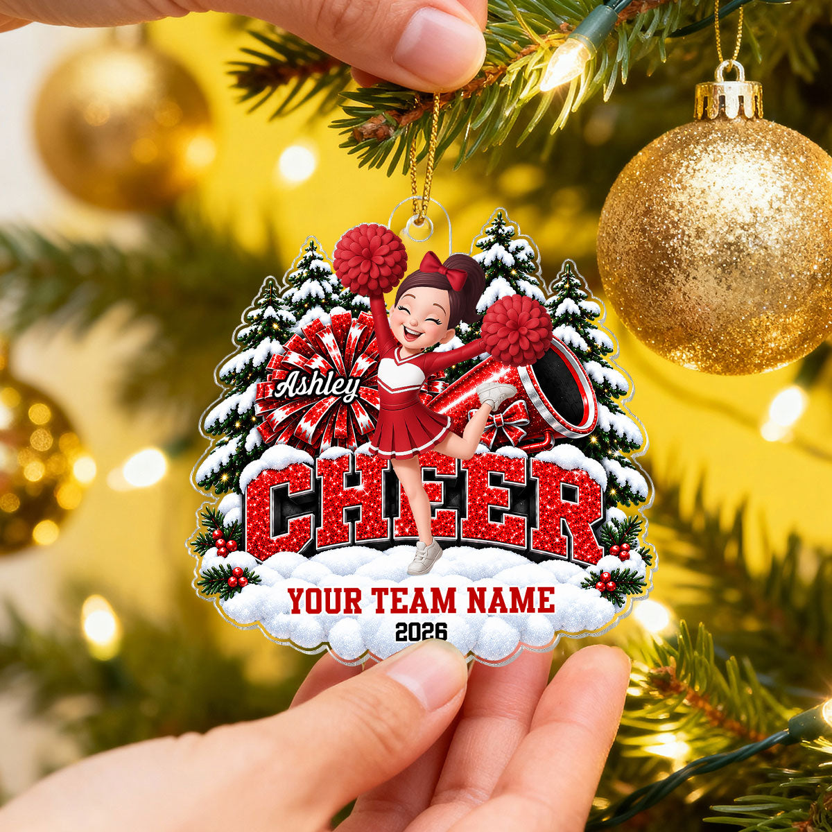 Christmas Cheerleader With Pom Poms - Personalized Acrylic Ornament - Christmas Gift For Cheerleaders, Cheer Teams, Girls