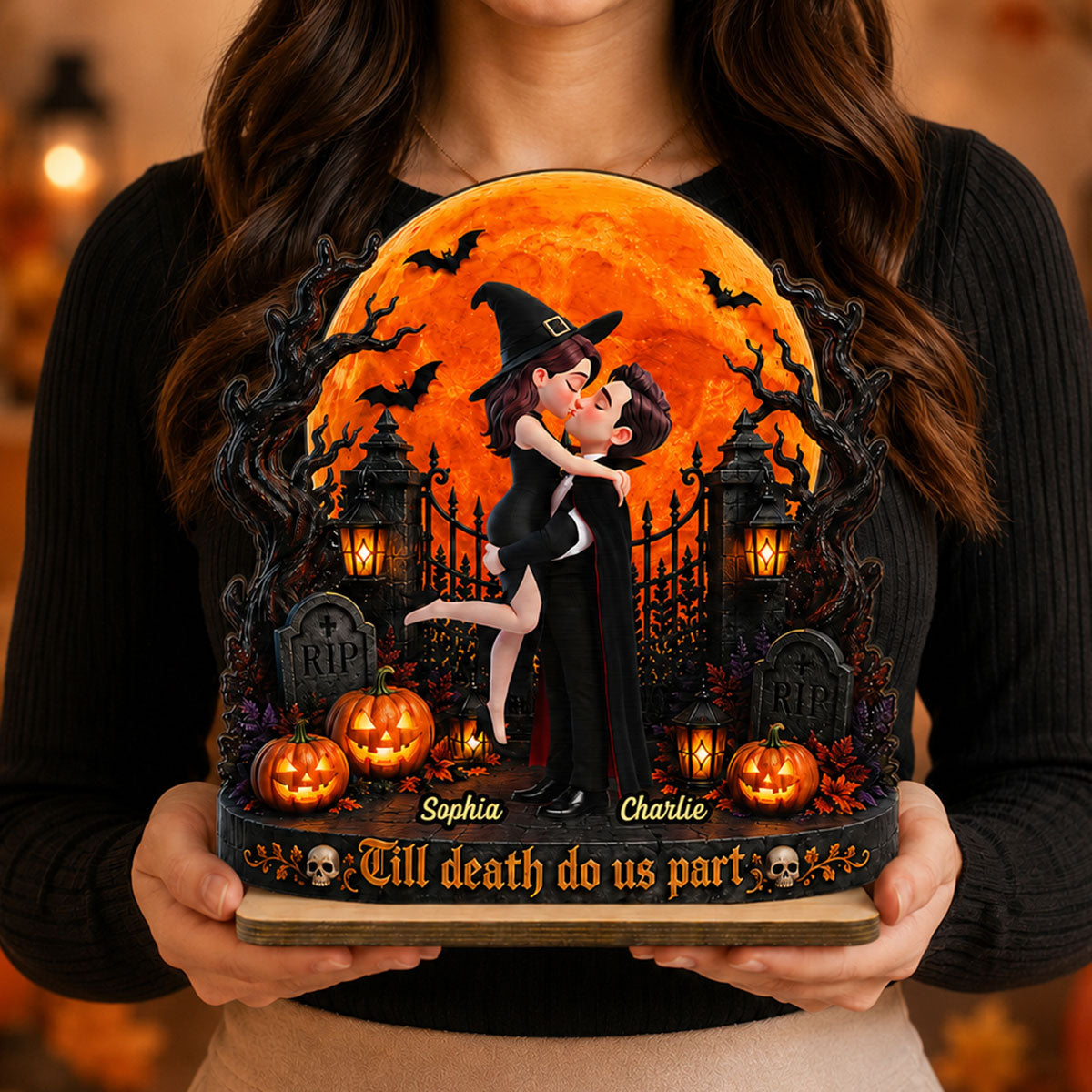 Eternal Love Couple Under Halloween Moon Light - Personalized 2-Layered Wooden Plaque - Halloween Gift For Couple
