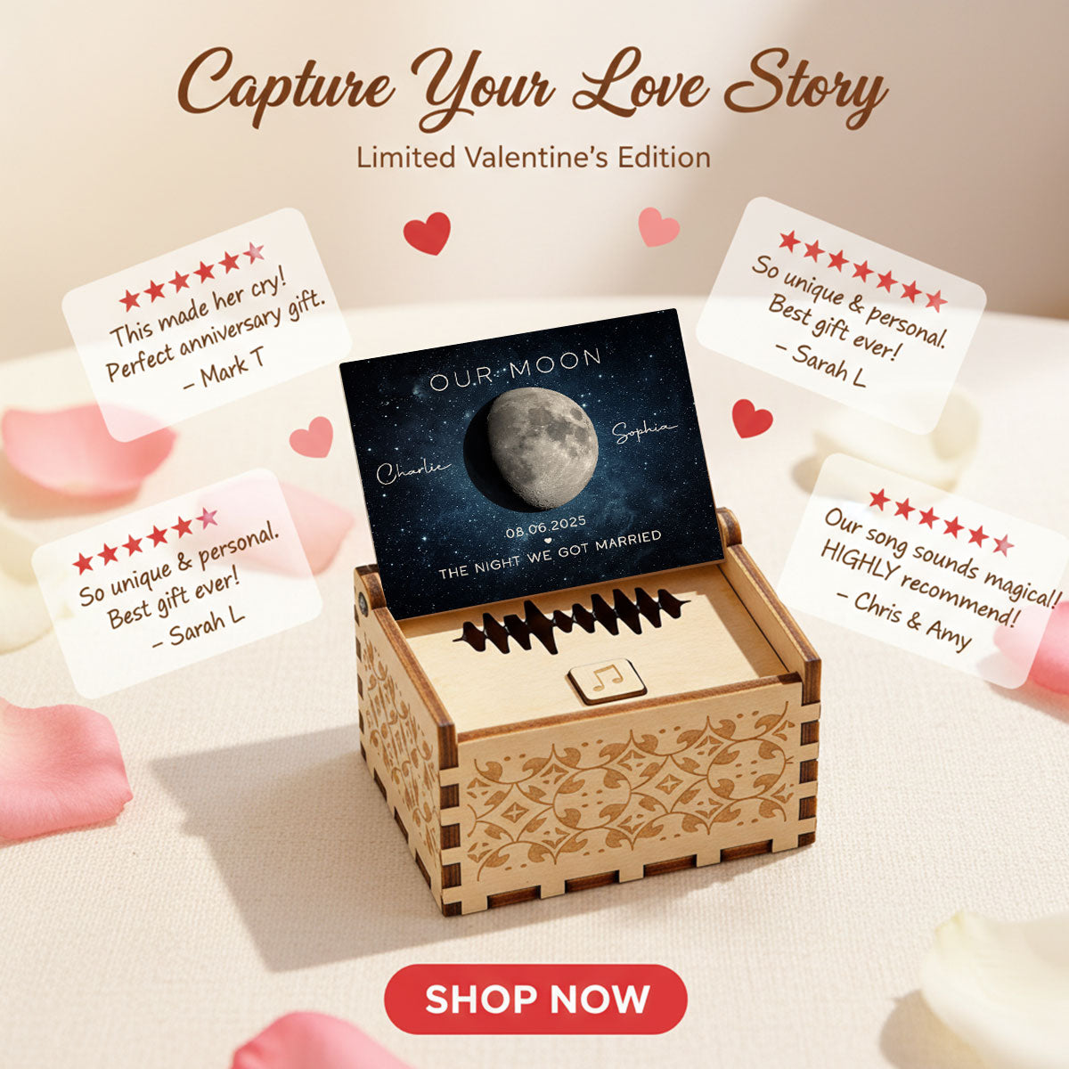 Our Moon Custom Moon Phase & Favorite Song - Personalized Wooden Music Box - Valentine's Day Gift For Him, Gift For Her