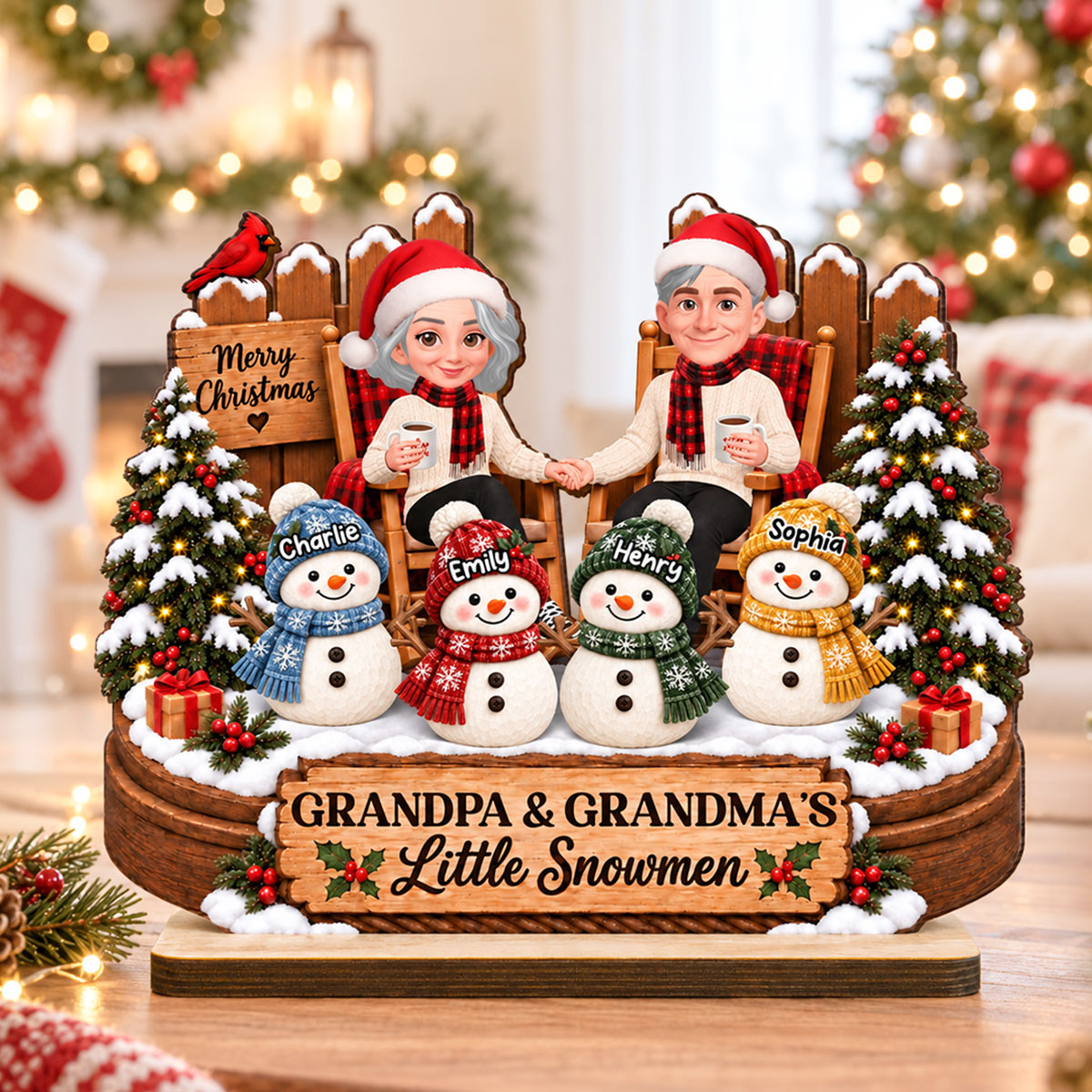 Grandpa & Grandma's Little Snowmen - Personalized 2-Layered Wooden Plaque - Christmas Gift For Grandparents