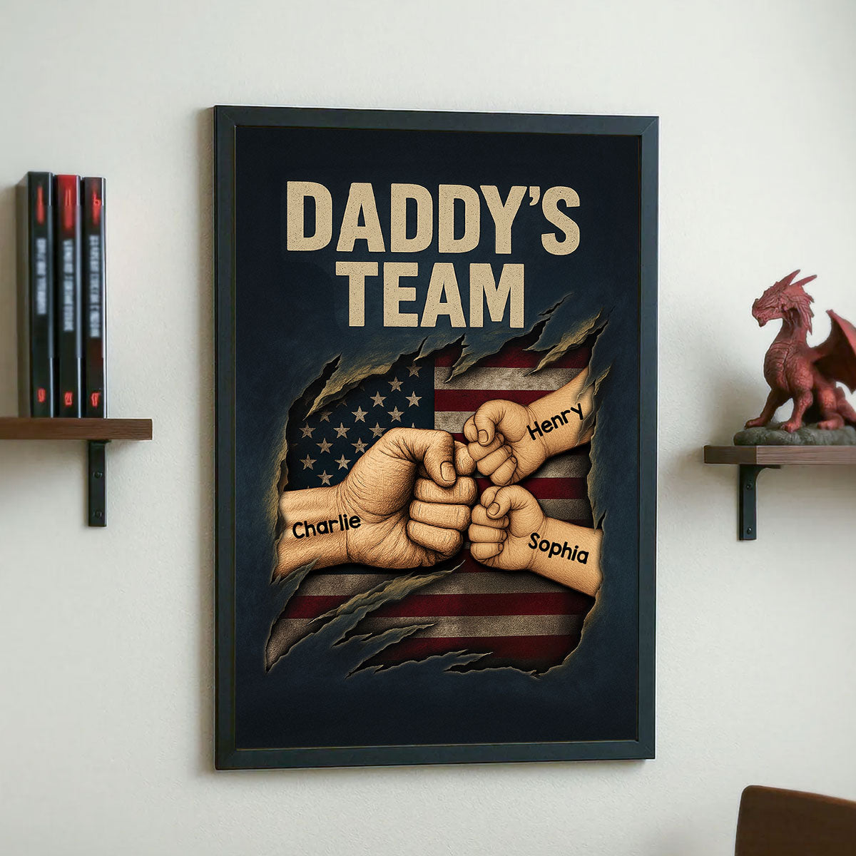 Daddy's Team Fist Bump Torned Flag Personalized Poster, Father's Day Gift for Dad