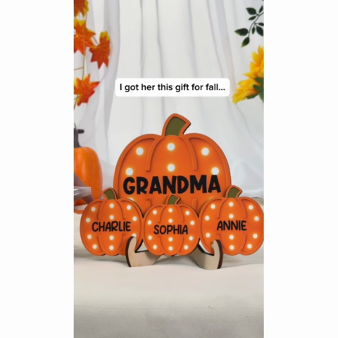 Grandma Little Pumpkins Faux Marquee Pattern Personalized 2-Layer Wooden Plaque, Cozy Fall Season Home Decor