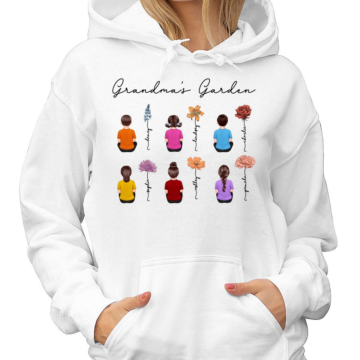 Grandkids Sitting Grandma Garden Vintage Birth Month Flowers Personalized Shirt