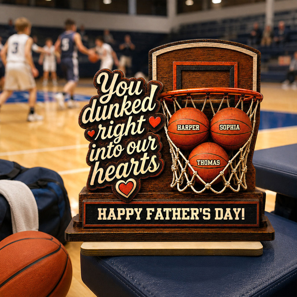 You Dunked Right Into Our Hearts Custom Name 2D Flat - Personalized 2-Layered Wooden Plaque - Father's Day Gift For Basketball Dad