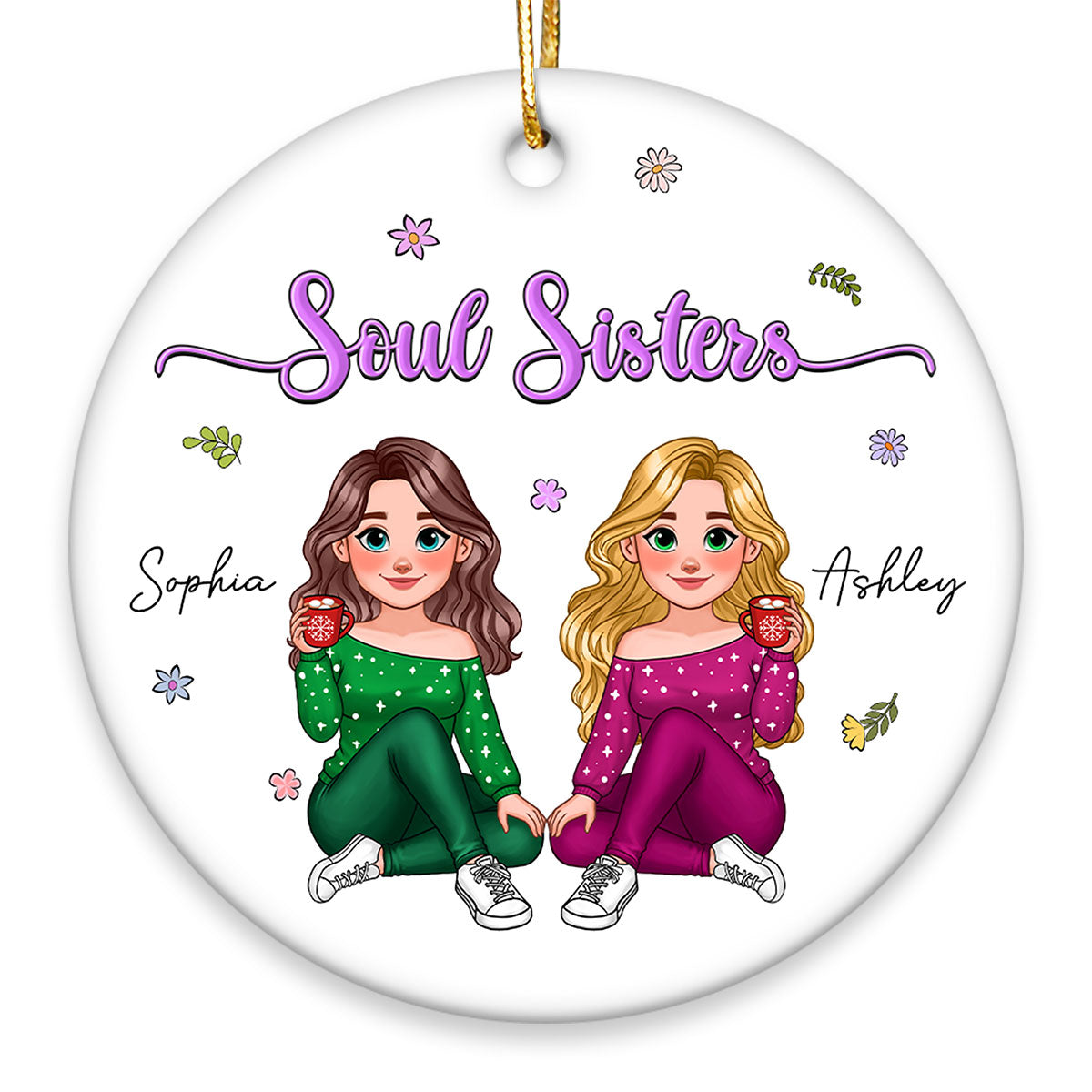 Animated Sisters Forever Floral Personalized Ceramic Ornament, Christmas Gift For Sisters, Best Friends